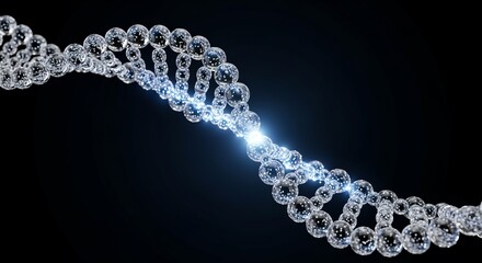 A detailed view of a dna strand with glowing center points against a dark black colored background space
