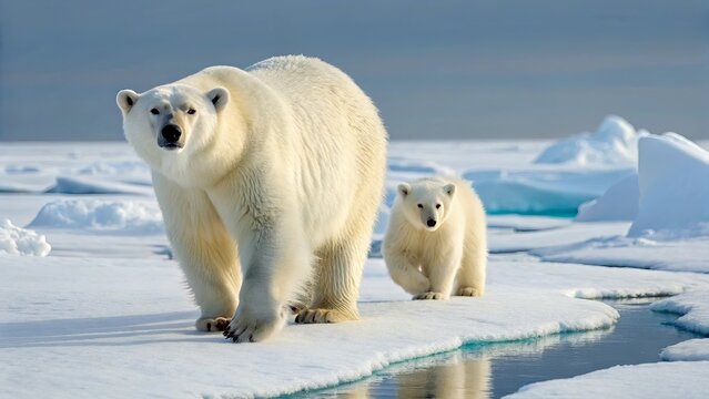 Polar bear and cub walking across a snowy landscape icebergs under a clear sky in the background