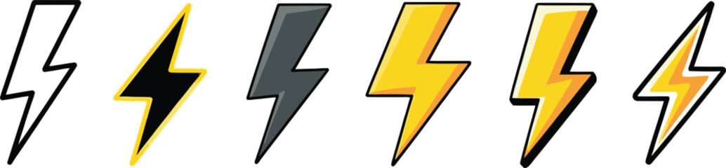 Cartoon Style Lightning Bolts in Black, Yellow, and Gray Colors