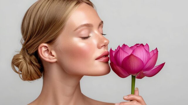 Young woman with blonde hair gently touching a pink lotus flower to her face, expressing serenity and connection with nature, showcasing a beautiful moment of tranquility and self-reflection