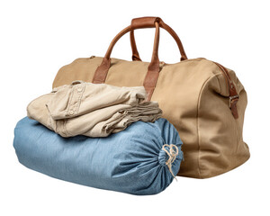 Travel bag folded shirt denim laundry bag casual clothing brown leather handle beige fabric organized isolated packing journey