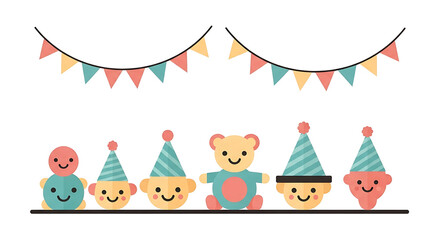 Cute birthday party decoration with banner and toys isolated on white background