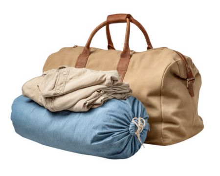 Travel bag folded shirt denim laundry bag casual clothing brown leather handle beige fabric organized isolated packing journey