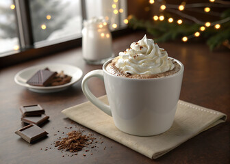 A hot cappuccino with chocolate, cookies, and a cinnamon stick is a delightful breakfast beverage