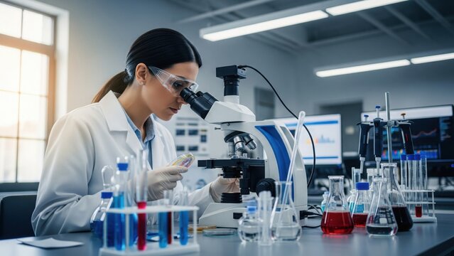 young European female scientist in a lab coat is looking into a microscope. She is holding a petri dish. The concept is science, research, and innovation
