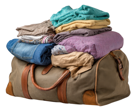 Travel bag with wrinkled clothes and laundry bag casual style mixed colors relaxed mood ready for trip practical packing everyday use unisex home or hotel