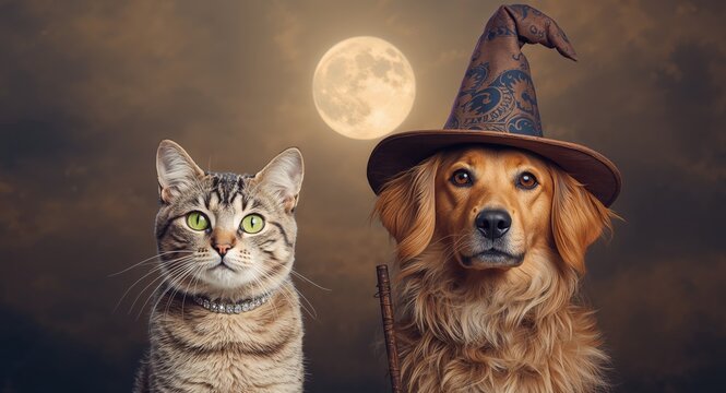 A Feline Friend and a Canine Conjurer. Halloween Night Under the Full Moon