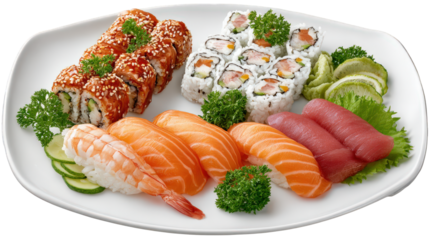 Assorted sushi platter with nigiri, sashimi, and sushi rolls, garnished with parsley and lemon, presented on white plate, fresh and appetizing for Japanese cuisine lovers