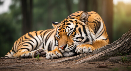 Obraz premium A majestic tiger rests peacefully on the forest floor, its head nestled on its paws in the warm sunlight.