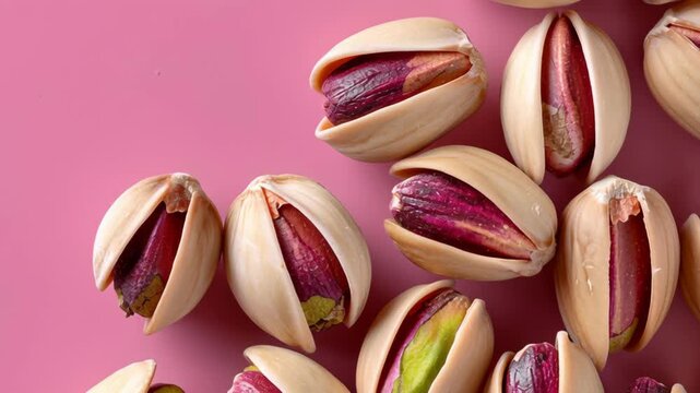 Close-up sequence of pistachio nuts on a vibrant pink background, showcasing the gradual opening of shells, revealing colorful kernels, emphasizing texture and natural beauty in a cohesive motion sequ