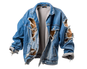 Ripped denim jacket with frayed edges distressed blue fabric casual streetwear style vintage fashion worn look relaxed fit trendy outerwear urban clothing