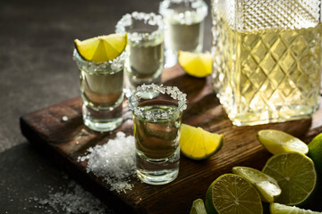 Tequila with sea salt and lime slices on a old cutting board.