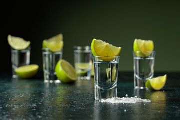 Tequila shots with lime slices and sea salt.