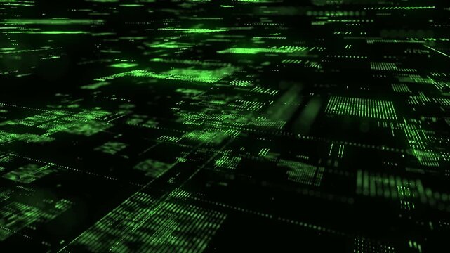 Abstract digital background. Green matrix cyberspace with moving data. Technology cyber security futuristic space. Concept hacking, sorting and analysis big data. Binary code dots flow. 3d rendering.