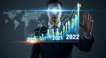 "Businessman Analyzing Business Growth Trends from 2021 to 2022"