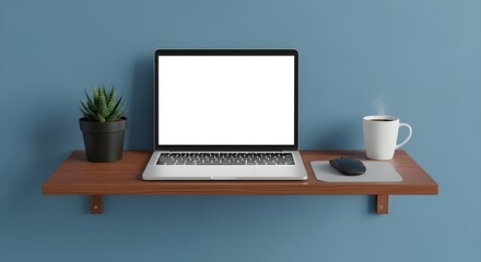 Fototapeta premium Minimalist Workspace Setup with Laptop on Brown Wooden Shelf blue background 