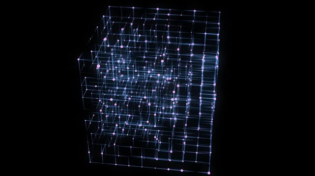 3D futuristic geometric cube with colors dots and lines. Abstract wireframe blockchain. Science background. Structure technology network connection. Ai in dark cyberspace background. 3D rendering.