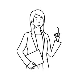 笑顔で人差し指を立ててポイントを示すスーツ姿の女性ビジネスパーソンの線画ベクターイラストレーション 白背景