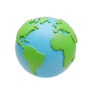 A digitally rendered 3d globe showing green continents over a blue ocean sphere, representing planet earth in an illustrative style.