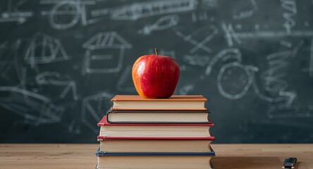 An Apple for the Teacher Books Stacked on a Desk Against a Chalkboard.