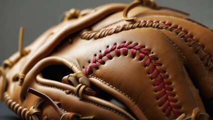 Fototapeta premium Detailed Craftsmanship: A Macro View of a Leather Baseball Glove with Red Lacing