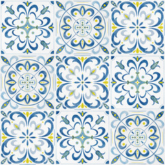 Seamless tile pattern with blue and yellow floral motifs inspired by traditional azulejo design. The image conveys elegance, cultural heritage, and decorative harmony in interior or ceramic art
