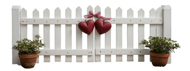 White picket fence with two red heart decorations and ribbon, potted plants on each side, romantic and cheerful outdoor garden scene