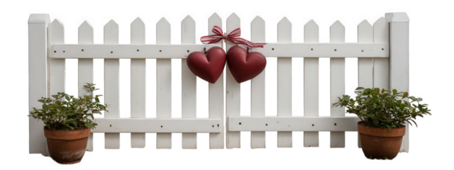 White picket fence with two red heart decorations and ribbon, potted plants on each side, romantic and cheerful outdoor garden scene