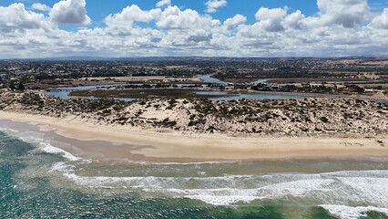 Port Noarlunga Beach & Southport Beach, South Australia – Stunning Drone Aerial View of Jetty, River Mouth, Coastal Town and Ocean Waves