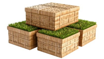 Stacked Rectangular Woven Boxes Render - Realistic Seagrass Texture and Clean Composition isolated on solid white background Png format