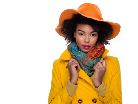Portrait of young Black woman in yellow coat and orange hat on white background - Powered by Adobe