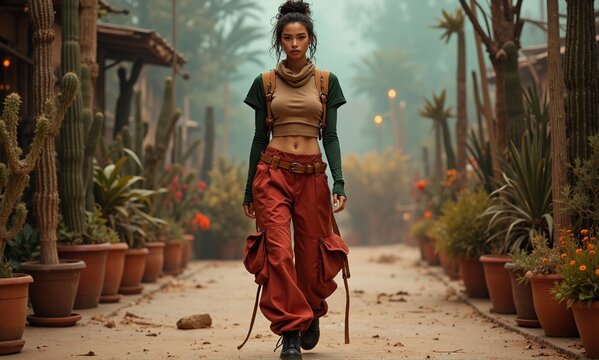 A confident woman in practical attire strides through a lush botanical garden path surrounded by various potted plants.
