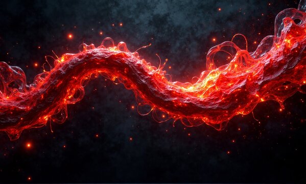 A vibrant, glowing red and orange energy stream dynamically flows against a dark, smoky backdrop, emitting fiery particles.