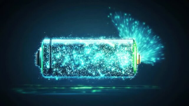 Vibrant Electric Battery with Glowing Sparks and Futuristic Digital Effects Against Dark Background 4k video footage