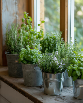 Fresh herbs in pots on a windowsill, creating a vibrant indoor garden