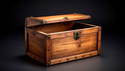 Vintage wooden storage box with metal accents on rustic wooden floor, warm lighting."