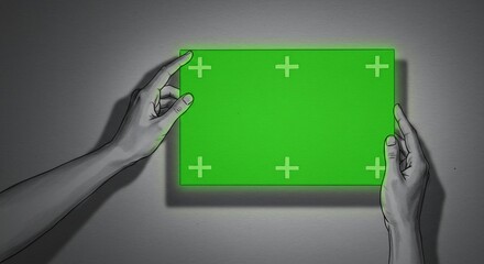 Hands Holding Green Augmented Reality Screen with Plus Sign Markers in Gray Background