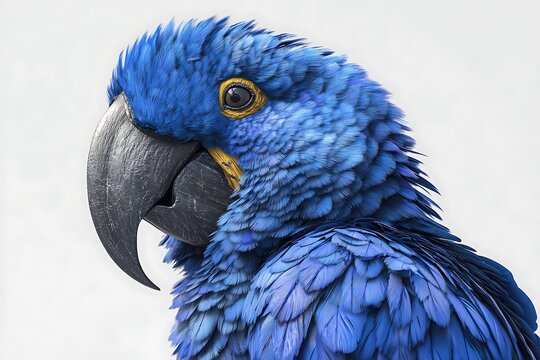 Closeup portrait of a vibrant blue hyacinth macaw parrot, isolated on white background, showcasing its stunning plumage
