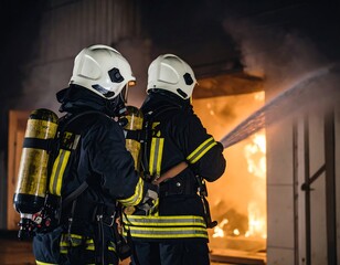 Naklejka premium Firefighters battling blaze at night. (1)
