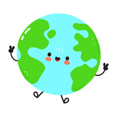 Cute cartoon Earth character giving a peace sign with a happy face.