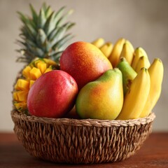 A wicker basket overflows with a vibrant assortment of fresh tropical fruits. A spiky pineapple dominates the foreground, partially obscured by a large, ripe mango with a reddish-orange hue. 