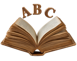 Open book with aged pages and floating alphabet letters ABC, symbolizing knowledge, education, and imagination, with magical and creative atmosphere perfect for learning concepts