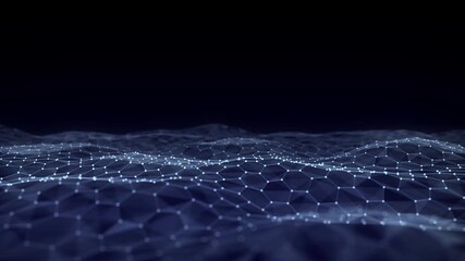 Abstract technology blue hexagon wave with motion dots and lines. Dark cyberspace in digital background. Dynamic cyber hexagon mesh. Medical backdrop. Futuristic wireframe texture. 3D rendering. - Powered by Adobe