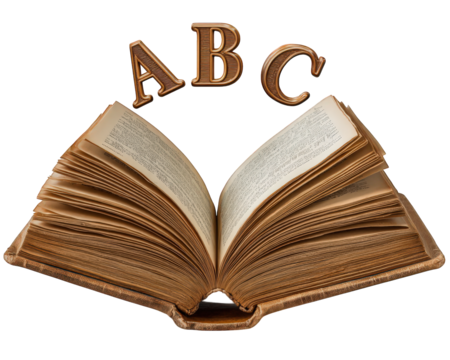 Open book with aged pages and floating alphabet letters ABC, symbolizing knowledge, education, and imagination, with magical and creative atmosphere perfect for learning concepts
