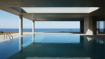 Fototapeta premium Modern infinity pool overlooking the ocean under a sleek architectural structure