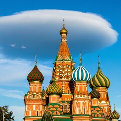 Fototapeta premium Ornate red cathedral with colorful onion domes under a unique cloud formation