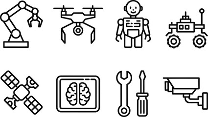 Fototapeta premium Robotics outline icons set, robot, brain, drone, surveillance, mechanism on white