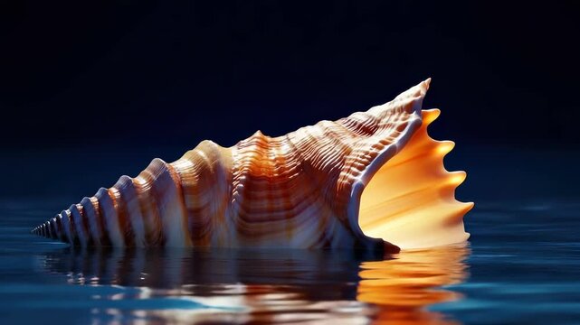 This captivating visual showcases a stunning seashell resting gracefully on the water's surface, highlighting its intricate patterns and colors