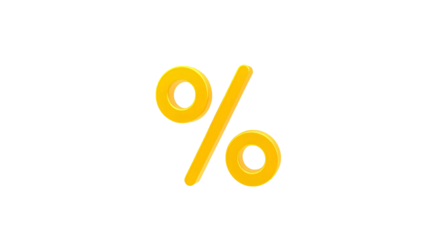3D Rendering of Yellow Percent Sign (%) with Glossy Finish – Transparent Background