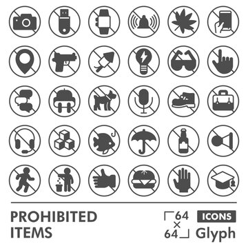 Prohibited items glyph icon set, forbidden objects symbols collection or sketches. Taboo, banned actions glyph style signs for web and app. Vector graphics isolated on white background.